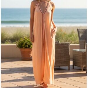 PITUSA Peach Embroidered Strappy Maxi Dress Made in Peru Standard Beach Resort